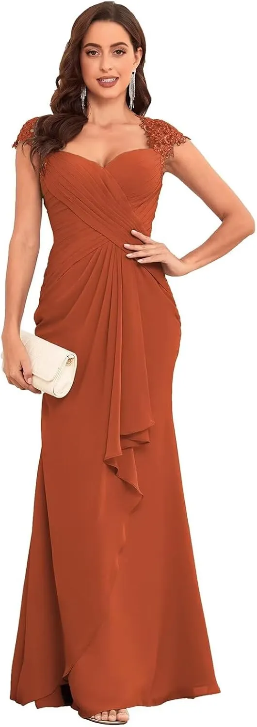 Mermaid Mother of The Bride Dresses for Wedding Cap Sleeves Chiffon Formal Dresses Ruffle Lace Appliques Evening Gown