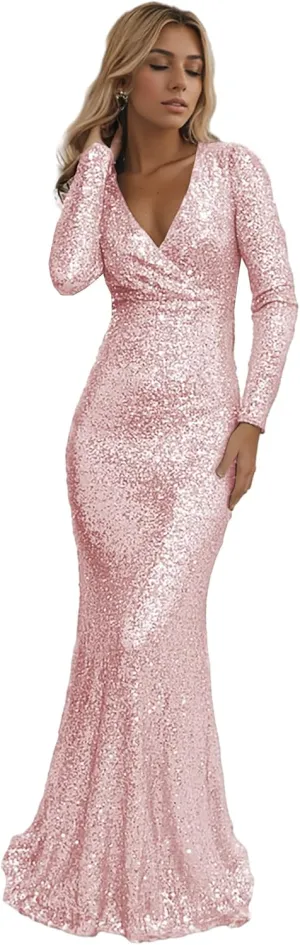 Mermaid Prom Dresses for Women 2025 Long Evening Dress with Sleeves Sparkly Sequin Formal Party Gown