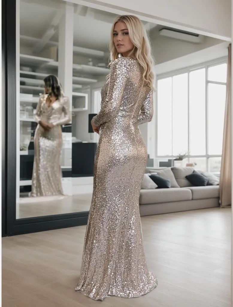 Mermaid Prom Dresses for Women 2025 Long Evening Dress with Sleeves Sparkly Sequin Formal Party Gown