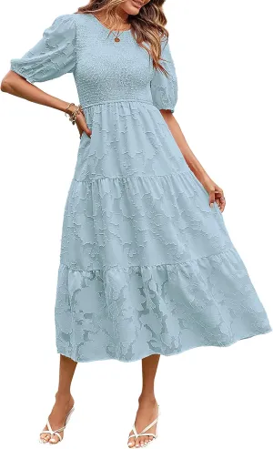 MEROKEETY Women's 2025 Summer Puff Sleeve Smocked Floral Dress Crewneck Lace Flowy Tiered Midi Dresses
