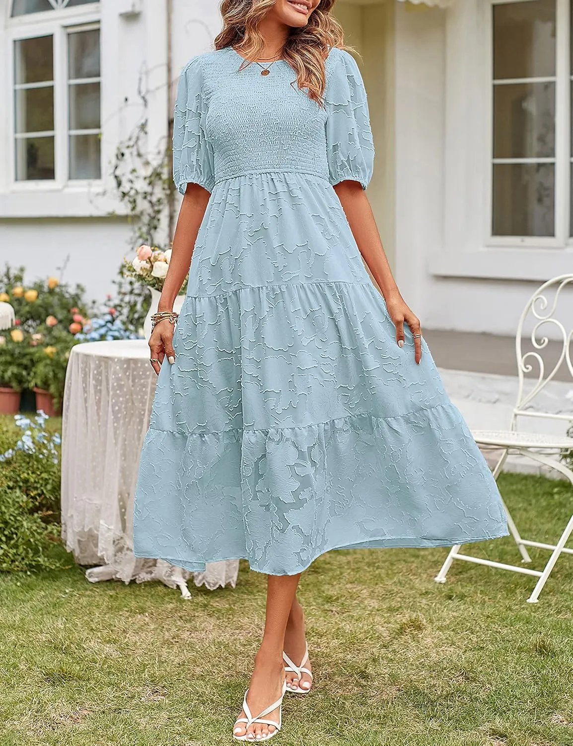 MEROKEETY Women's 2025 Summer Puff Sleeve Smocked Floral Dress Crewneck Lace Flowy Tiered Midi Dresses
