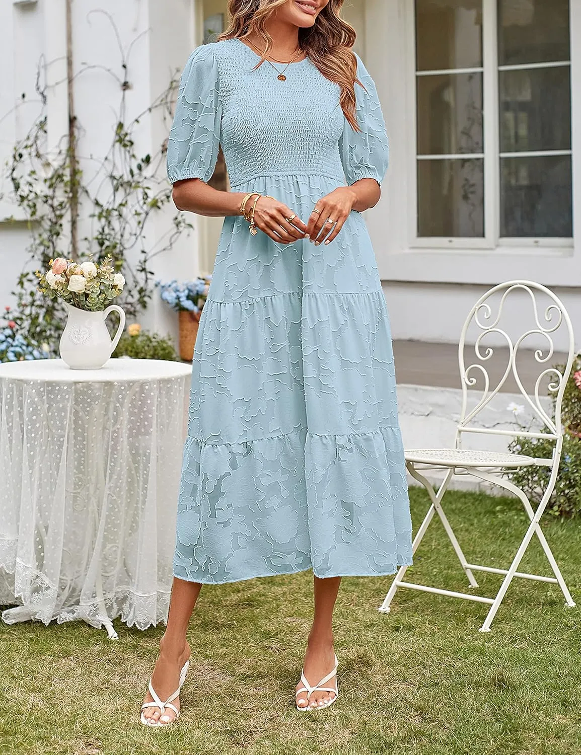 MEROKEETY Women's 2025 Summer Puff Sleeve Smocked Floral Dress Crewneck Lace Flowy Tiered Midi Dresses