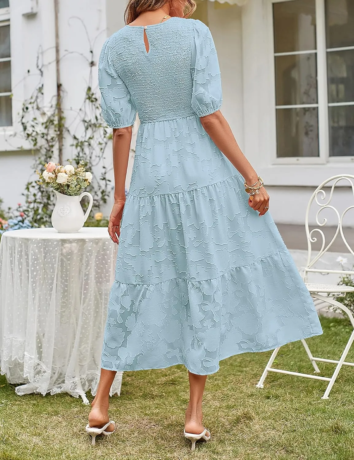 MEROKEETY Women's 2025 Summer Puff Sleeve Smocked Floral Dress Crewneck Lace Flowy Tiered Midi Dresses