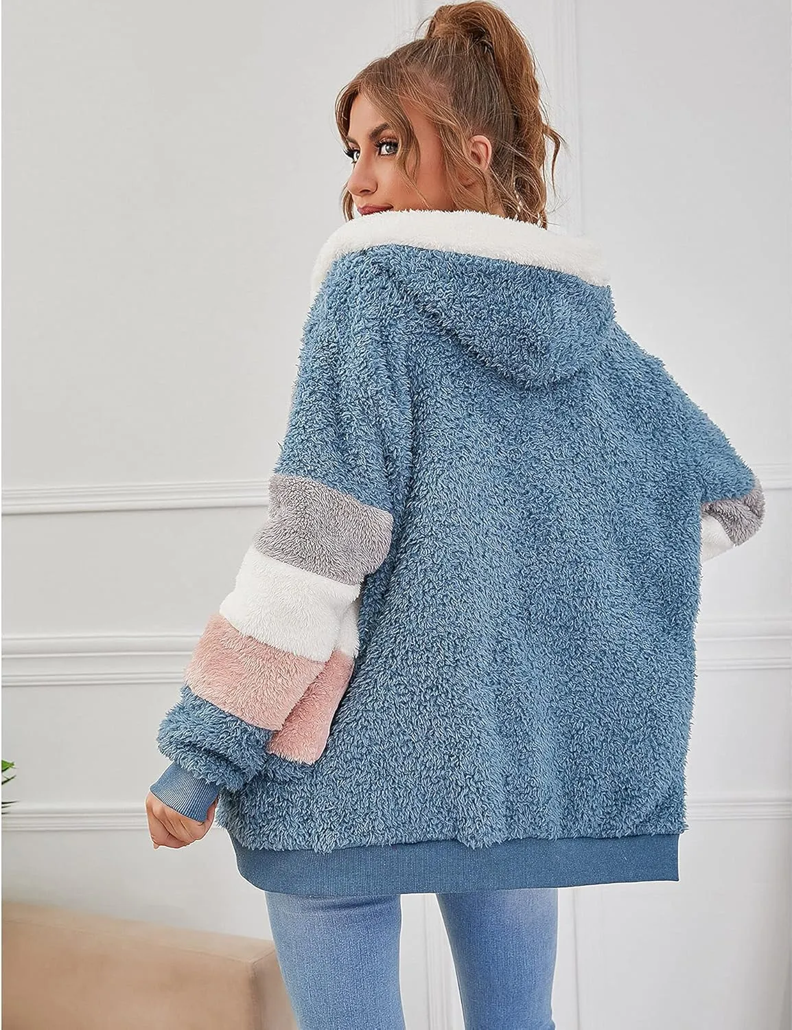 Micoson Women Fashion Color Block Faux Shearling Coat Warm Hooded Zip Up Fuzzy Winter Jacket with Pockets