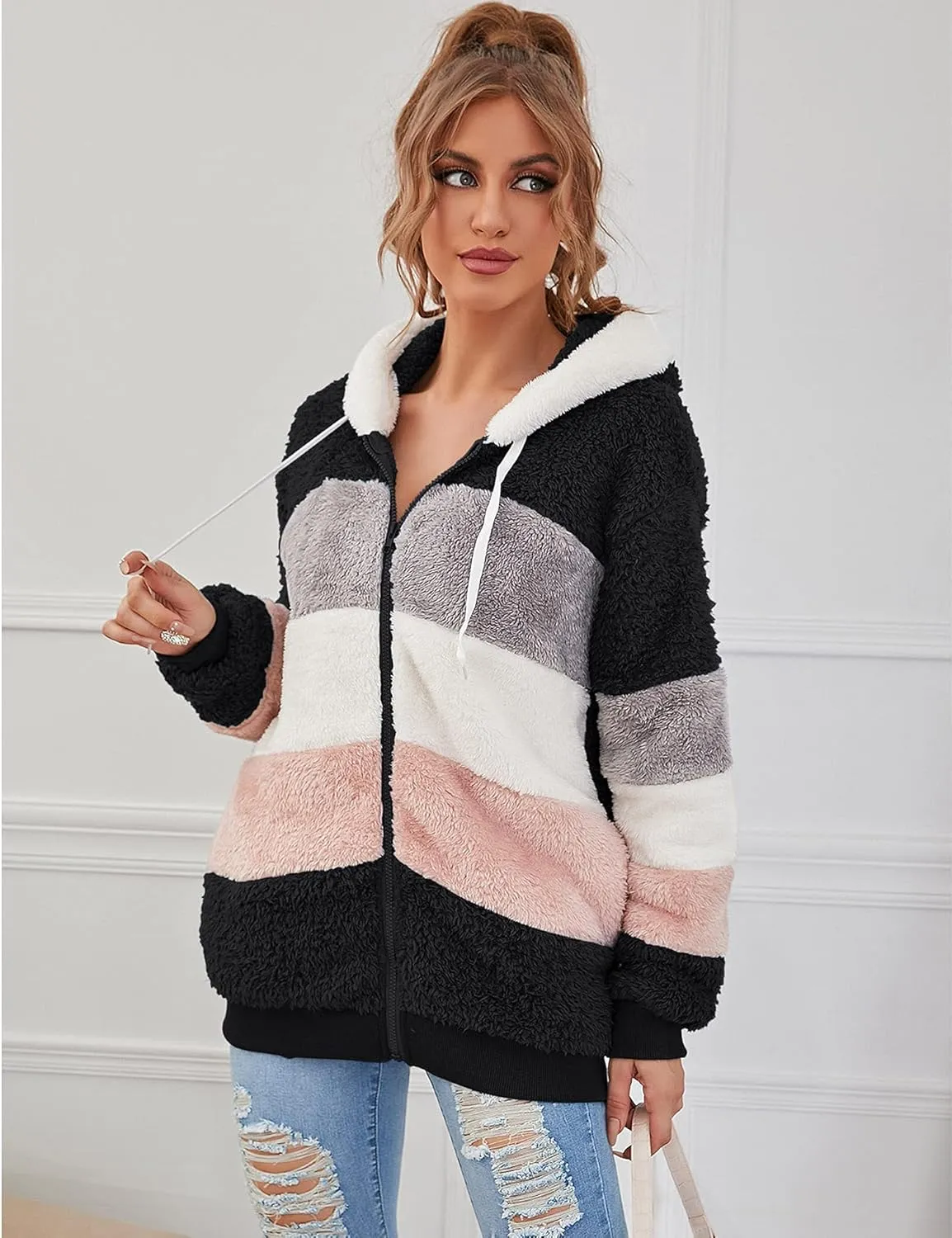 Micoson Women Fashion Color Block Faux Shearling Coat Warm Hooded Zip Up Fuzzy Winter Jacket with Pockets
