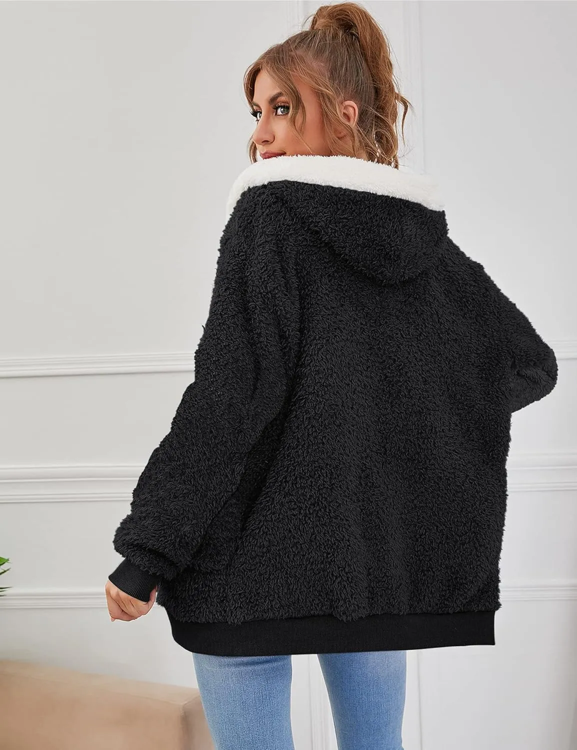 Micoson Women Fashion Color Block Faux Shearling Coat Warm Hooded Zip Up Fuzzy Winter Jacket with Pockets
