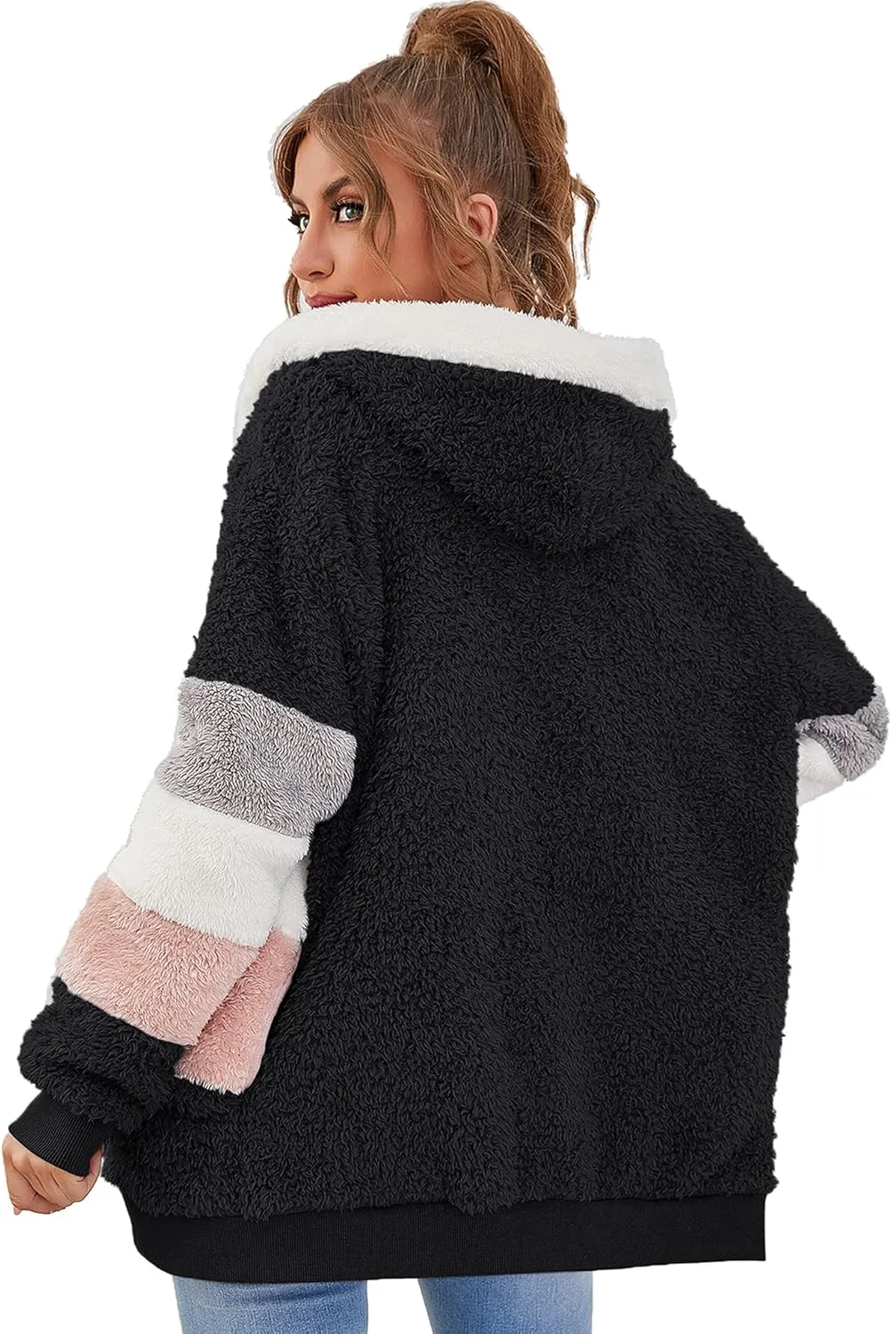 Micoson Women Fashion Color Block Faux Shearling Coat Warm Hooded Zip Up Fuzzy Winter Jacket with Pockets
