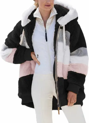 Micoson Women Fashion Color Block Faux Shearling Coat Warm Hooded Zip Up Fuzzy Winter Jacket with Pockets