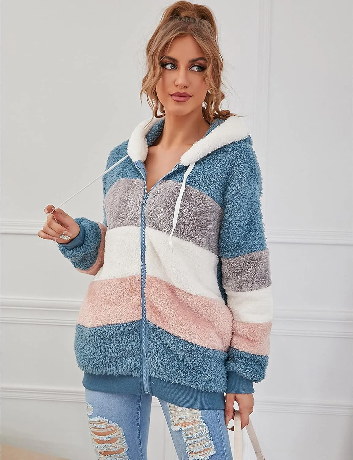 Micoson Women Fashion Color Block Faux Shearling Coat Warm Hooded Zip Up Fuzzy Winter Jacket with Pockets