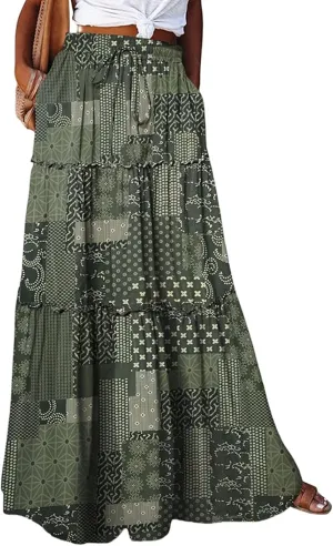 midelxp Boho Long Skirts for Women Summer High Waisted Western Skirt with Pockets Vacation Beach A-Line Flowy Maxi Skirts