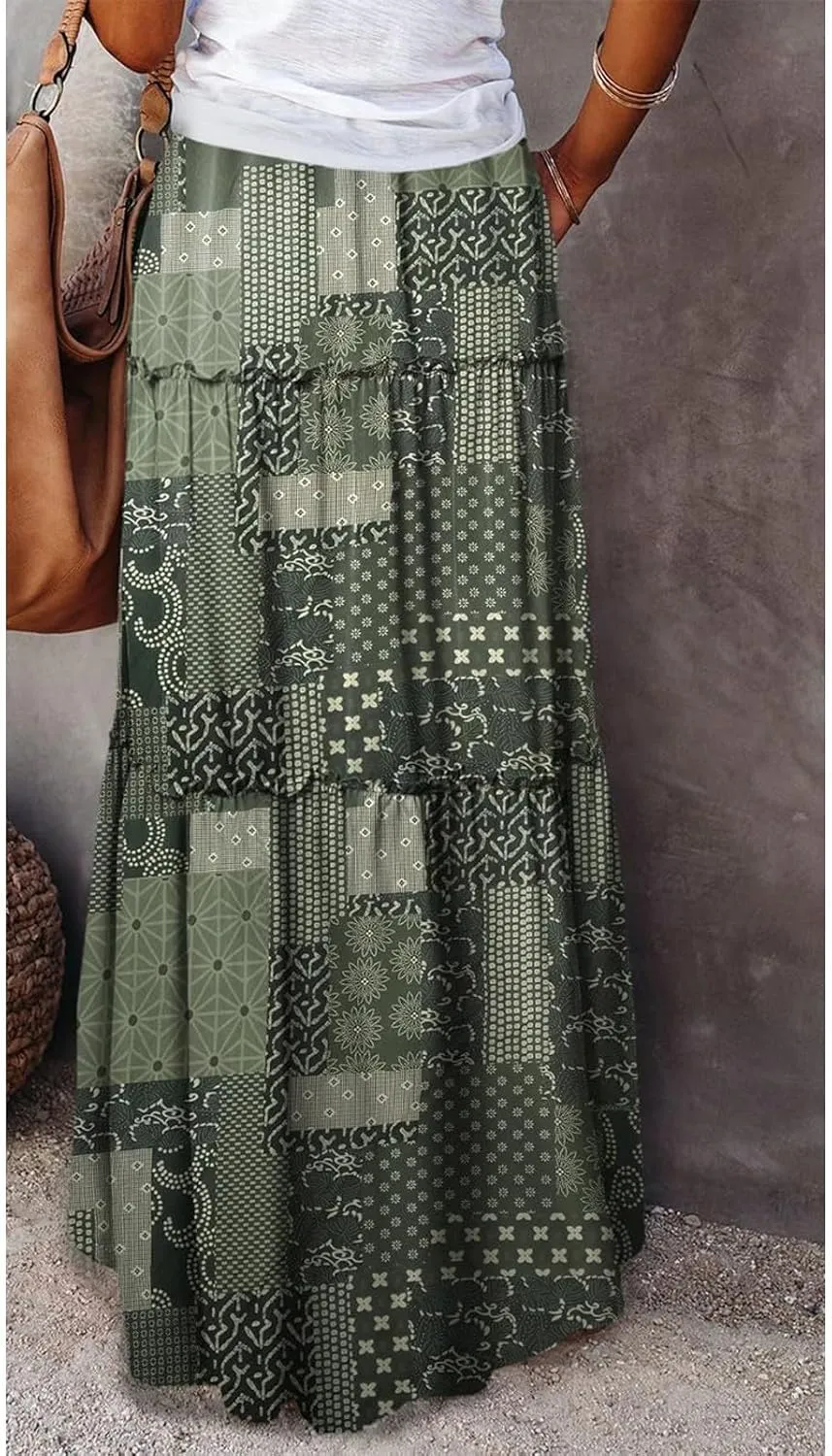 midelxp Boho Long Skirts for Women Summer High Waisted Western Skirt with Pockets Vacation Beach A-Line Flowy Maxi Skirts