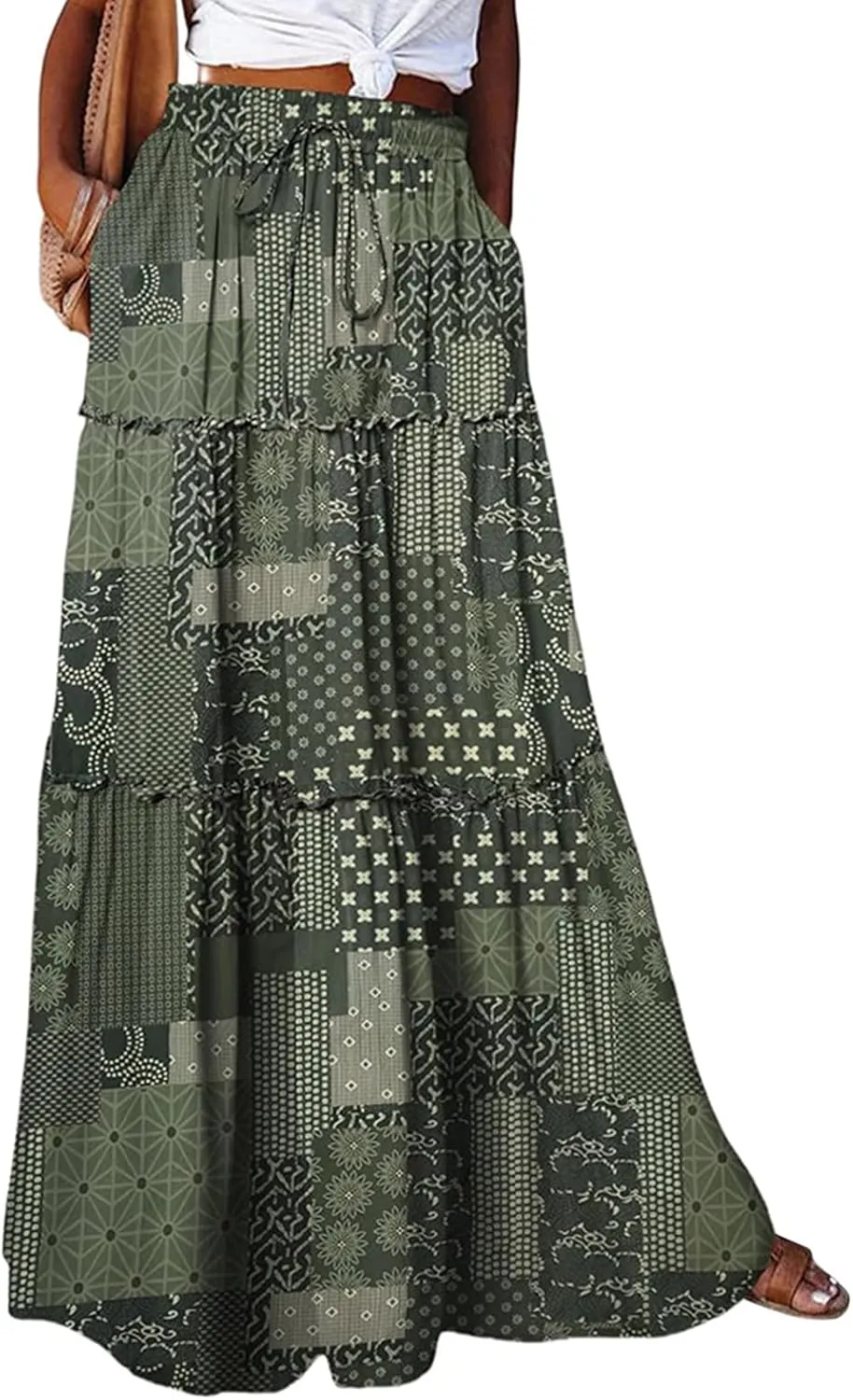 midelxp Boho Long Skirts for Women Summer High Waisted Western Skirt with Pockets Vacation Beach A-Line Flowy Maxi Skirts
