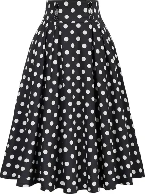 Midi Skirts for Women Casual Stretchy Flared A-Line Skirt Polka Dot Print Pleated High Waist Skater Skirt