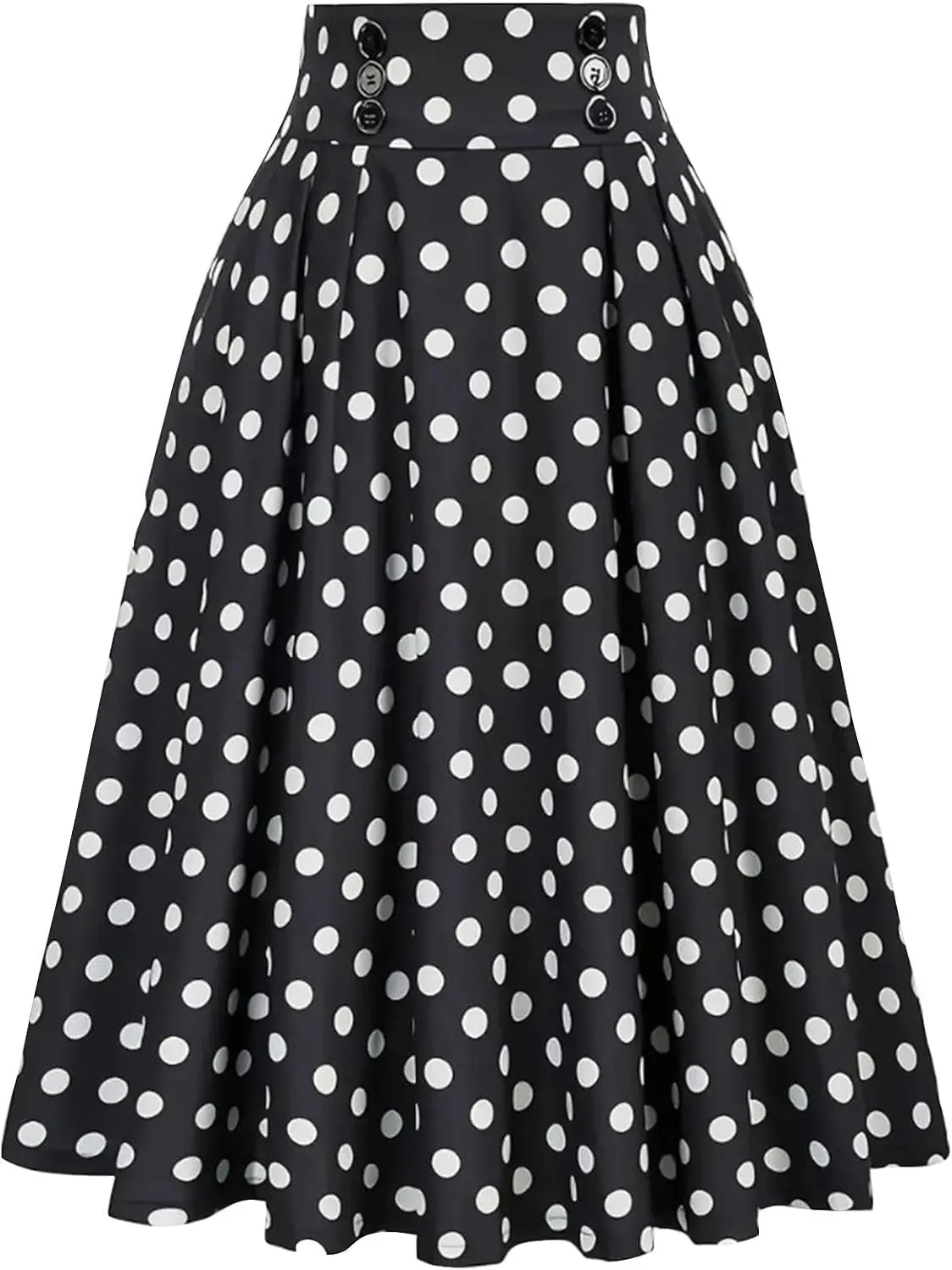 Midi Skirts for Women Casual Stretchy Flared A-Line Skirt Polka Dot Print Pleated High Waist Skater Skirt