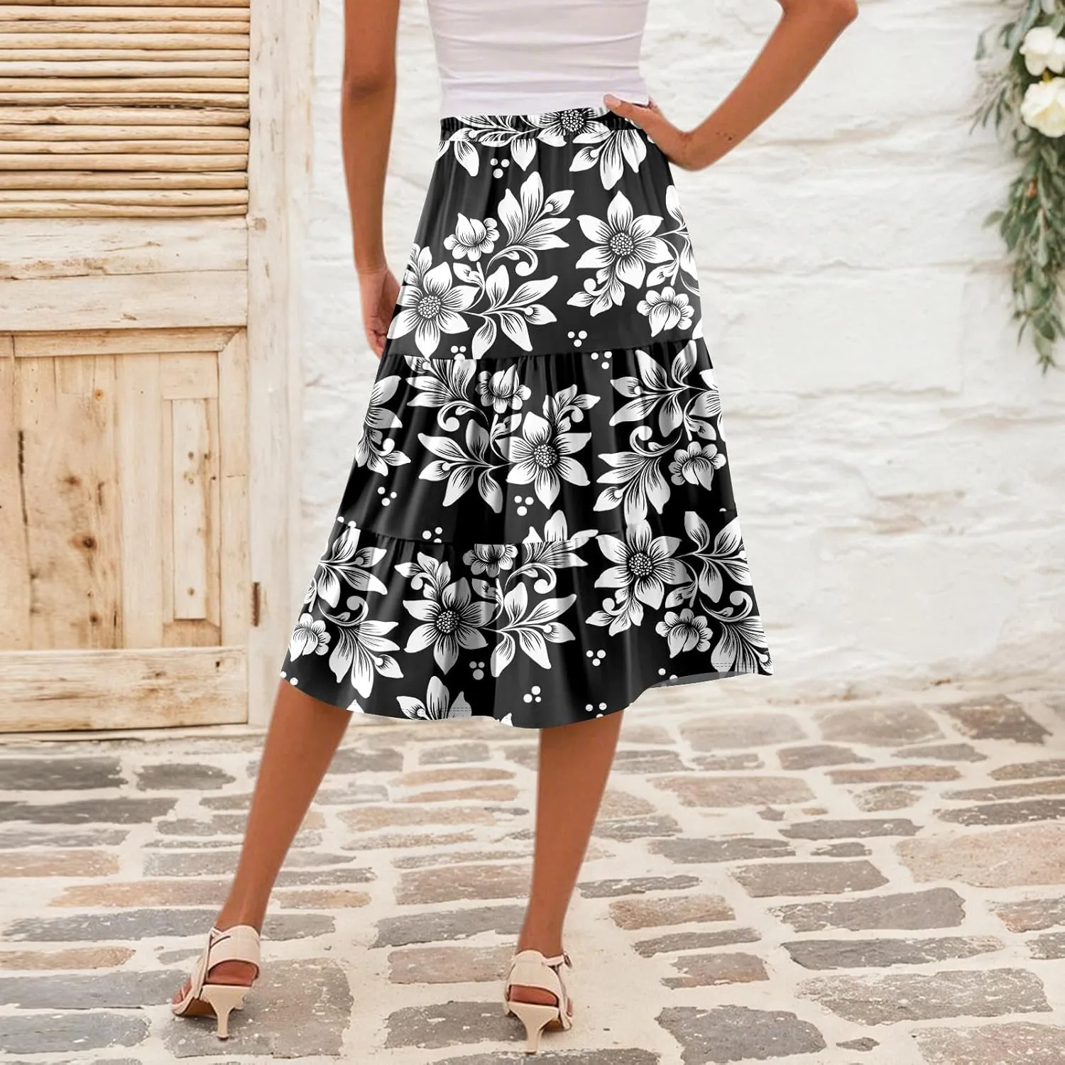 Midi Skirts for Women Summer Elastic High Waisted Floral Skirt Trendy Ruffle Tiered Cute Boho Skirt with Pockets