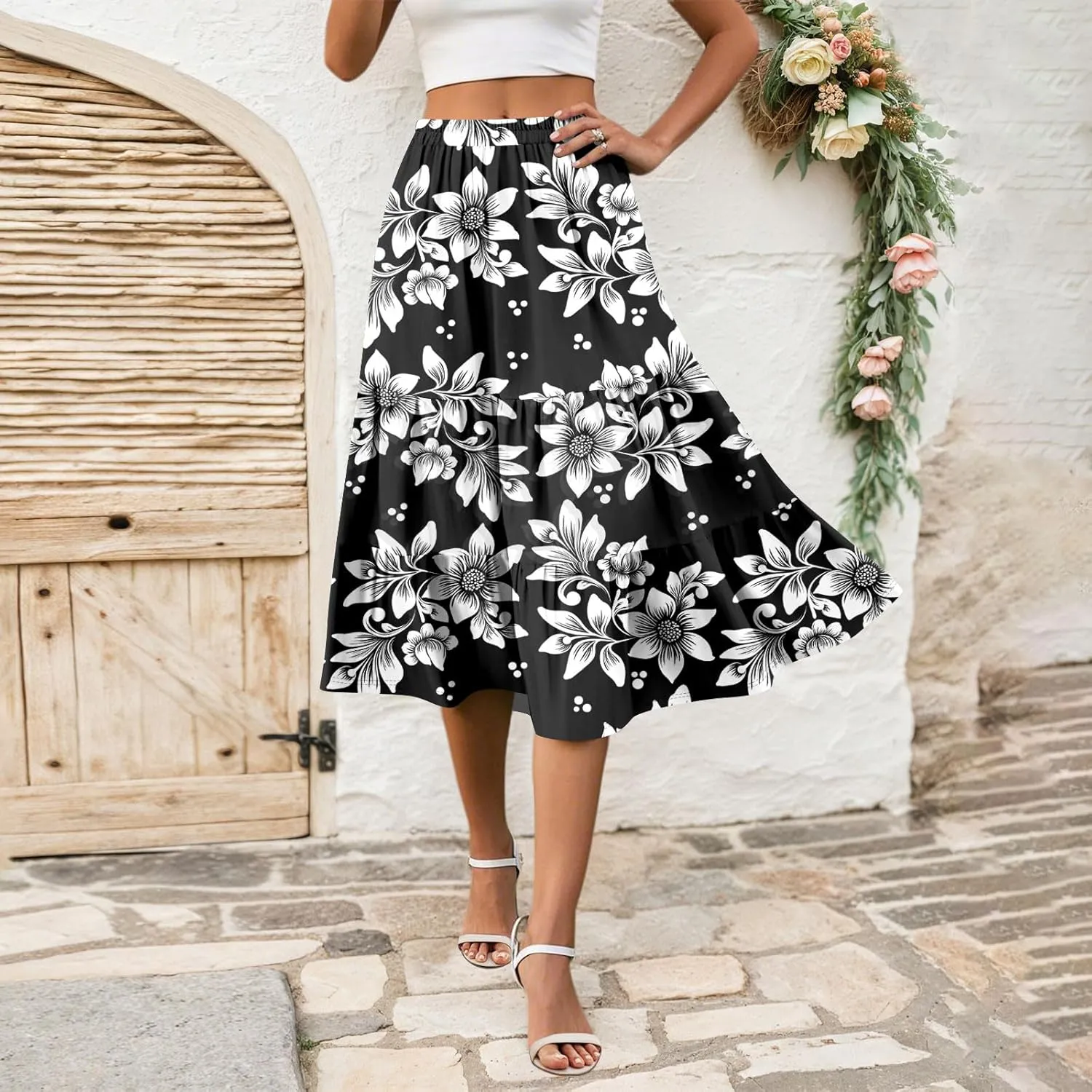 Midi Skirts for Women Summer Elastic High Waisted Floral Skirt Trendy Ruffle Tiered Cute Boho Skirt with Pockets