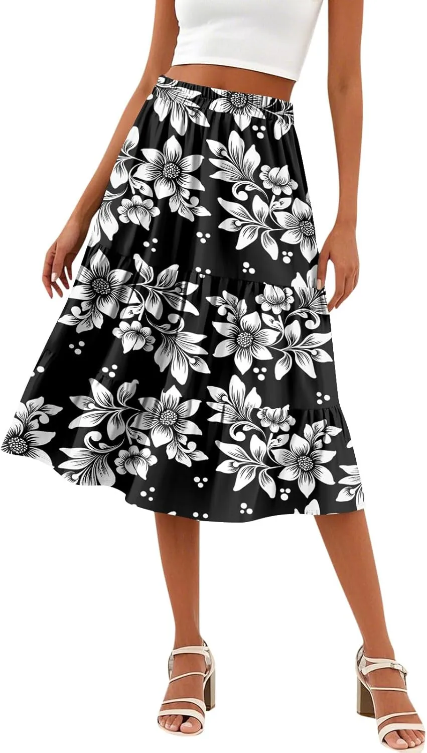 Midi Skirts for Women Summer Elastic High Waisted Floral Skirt Trendy Ruffle Tiered Cute Boho Skirt with Pockets