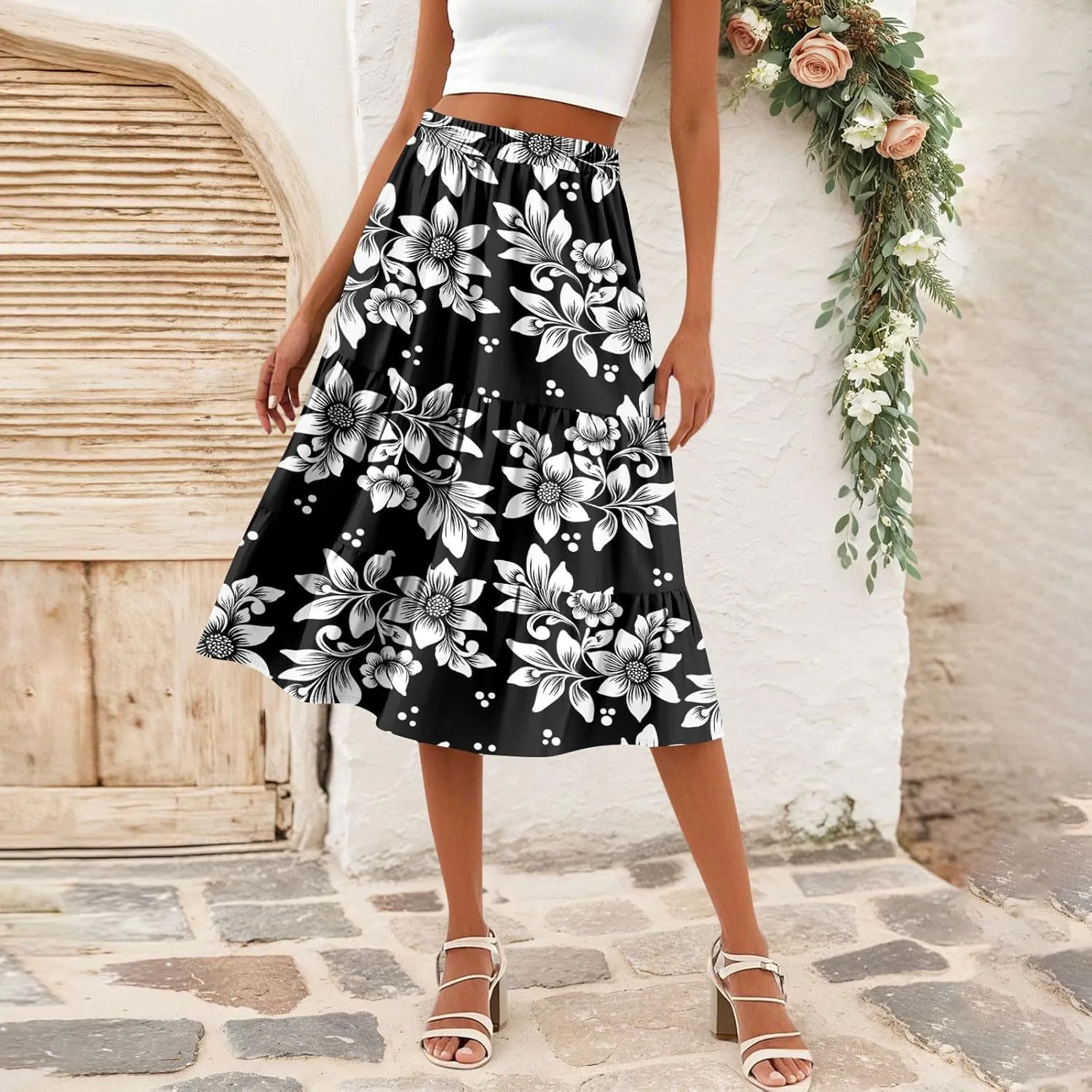 Midi Skirts for Women Summer Elastic High Waisted Floral Skirt Trendy Ruffle Tiered Cute Boho Skirt with Pockets
