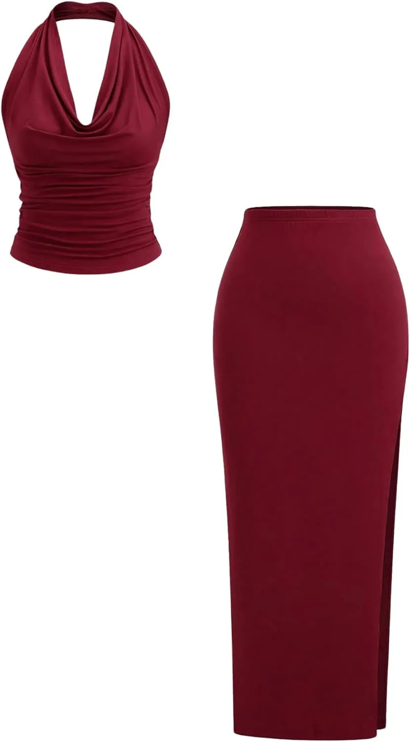Milumia Women 2 Piece Going Out Outfit Elegant Ruched Draped Halter Top and Bodycon Long Skirt Set