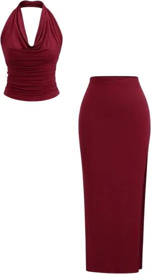Milumia Women 2 Piece Going Out Outfit Elegant Ruched Draped Halter Top and Bodycon Long Skirt Set