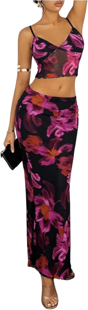 Milumia Women's Floral Maxi Skirt Sets 2piece Boho Mesh Cami Crop Top and Bodycon Long Skirt Set