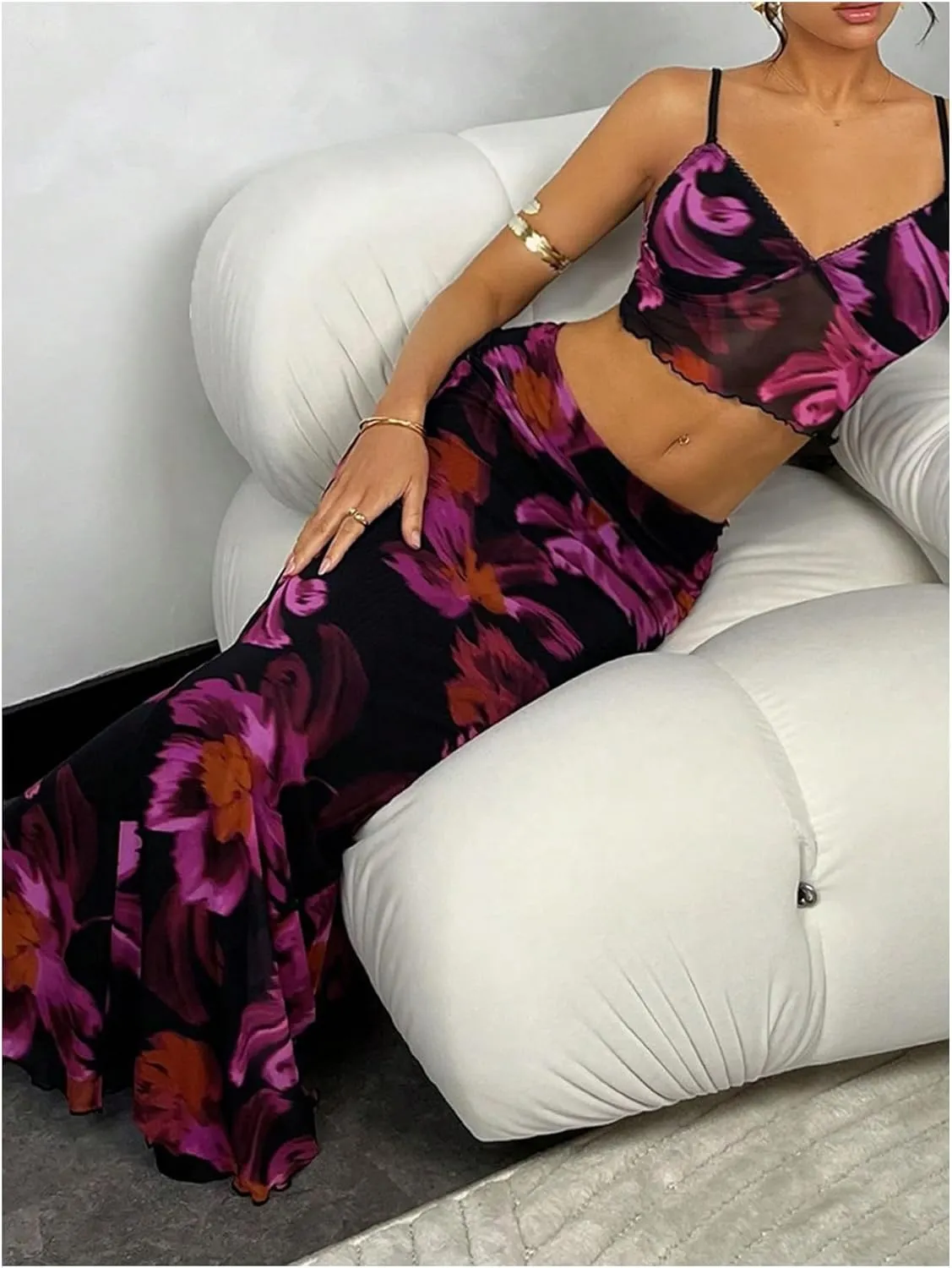 Milumia Women's Floral Maxi Skirt Sets 2piece Boho Mesh Cami Crop Top and Bodycon Long Skirt Set