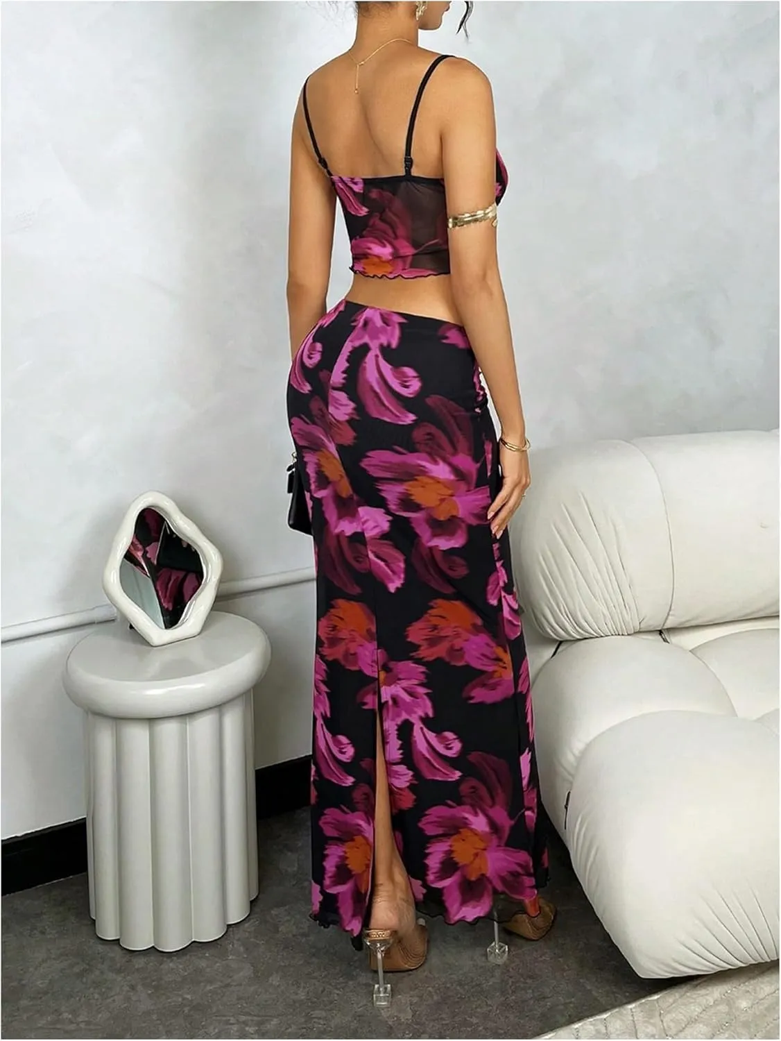 Milumia Women's Floral Maxi Skirt Sets 2piece Boho Mesh Cami Crop Top and Bodycon Long Skirt Set