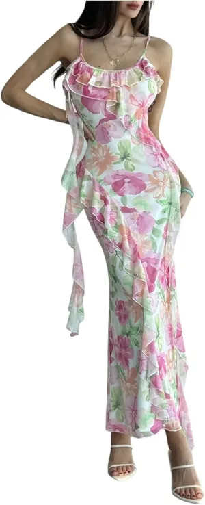Milumia Women's Floral Mesh Ruffle Cami Dress Sexy Spaghetti Strap Bodycon Maxi Dresses