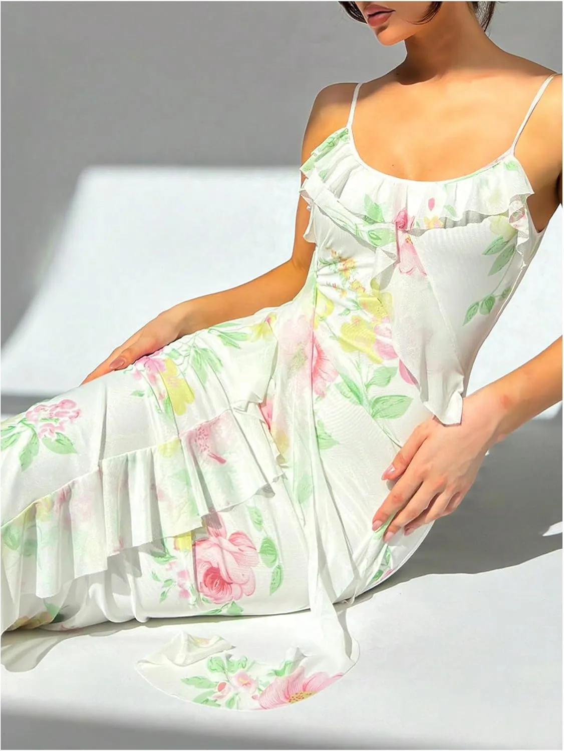Milumia Women's Floral Mesh Ruffle Cami Dress Sexy Spaghetti Strap Bodycon Maxi Dresses