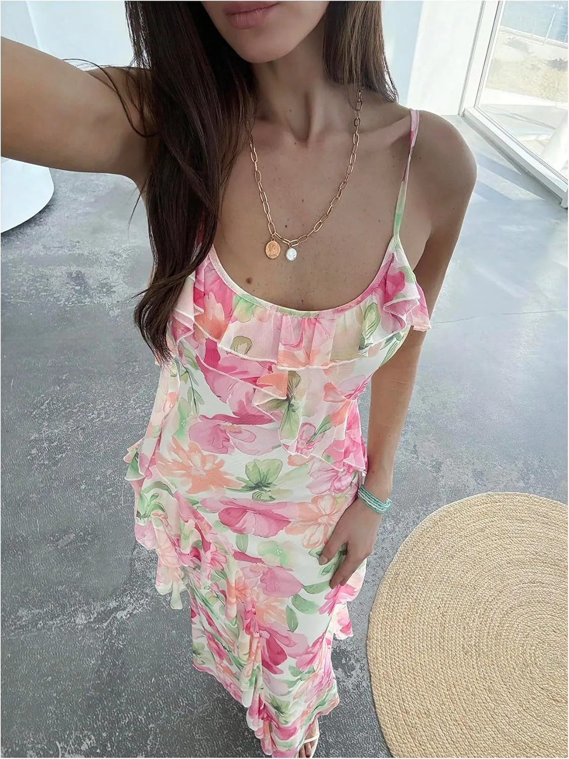 Milumia Women's Floral Mesh Ruffle Cami Dress Sexy Spaghetti Strap Bodycon Maxi Dresses