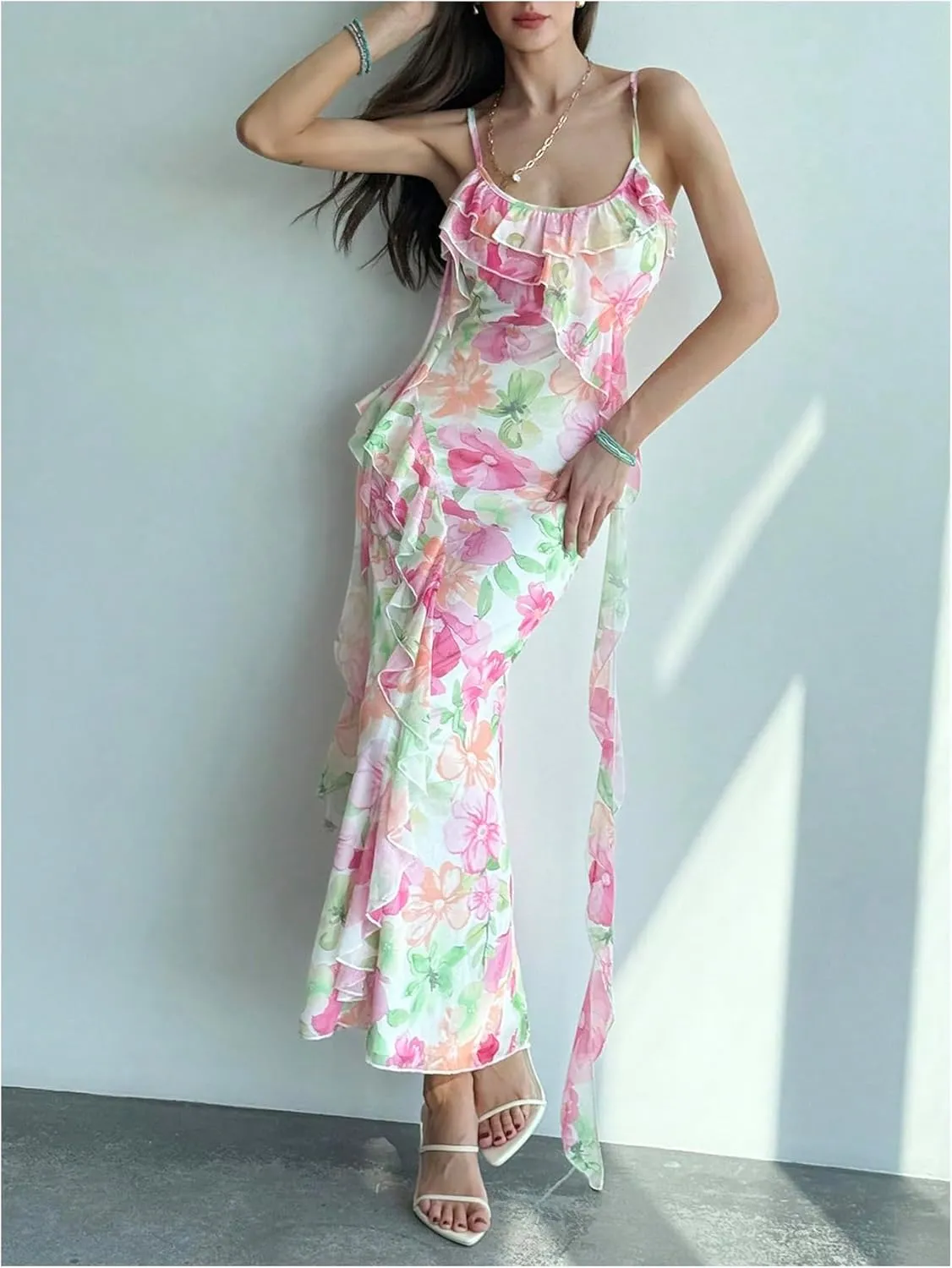 Milumia Women's Floral Mesh Ruffle Cami Dress Sexy Spaghetti Strap Bodycon Maxi Dresses