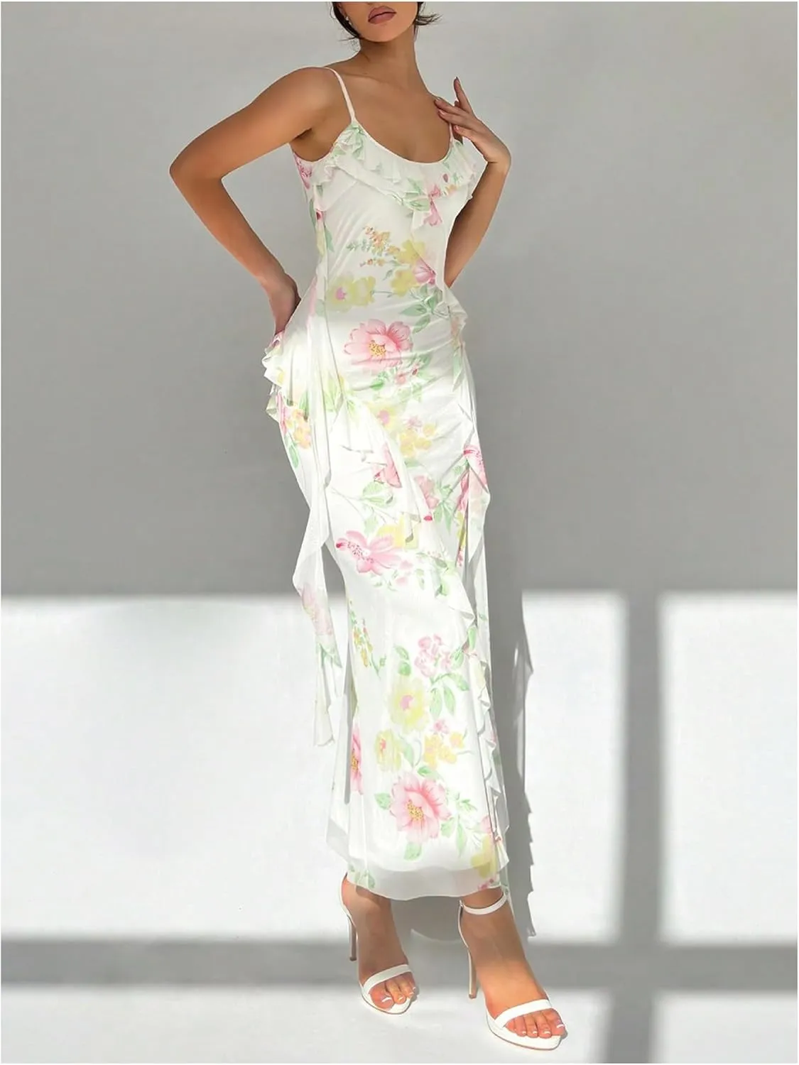 Milumia Women's Floral Mesh Ruffle Cami Dress Sexy Spaghetti Strap Bodycon Maxi Dresses