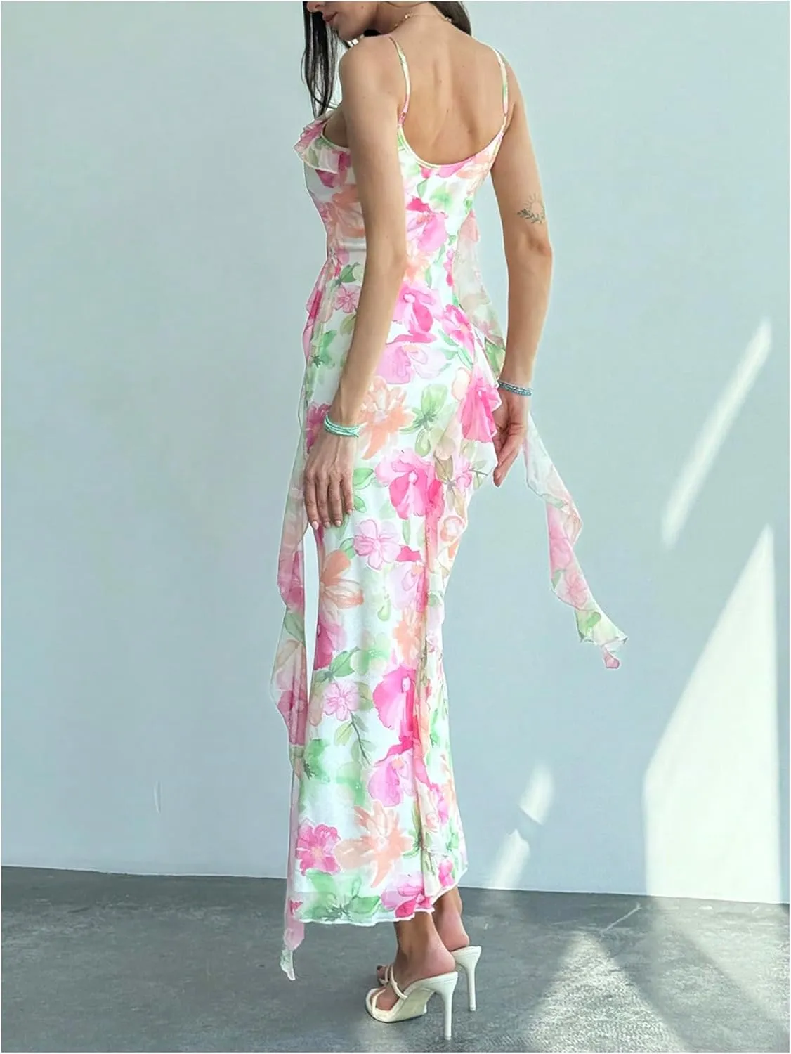Milumia Women's Floral Mesh Ruffle Cami Dress Sexy Spaghetti Strap Bodycon Maxi Dresses