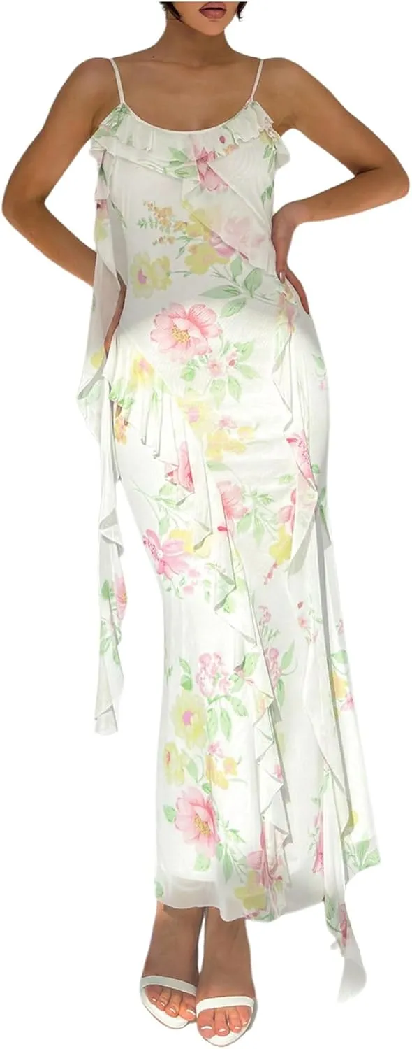 Milumia Women's Floral Mesh Ruffle Cami Dress Sexy Spaghetti Strap Bodycon Maxi Dresses