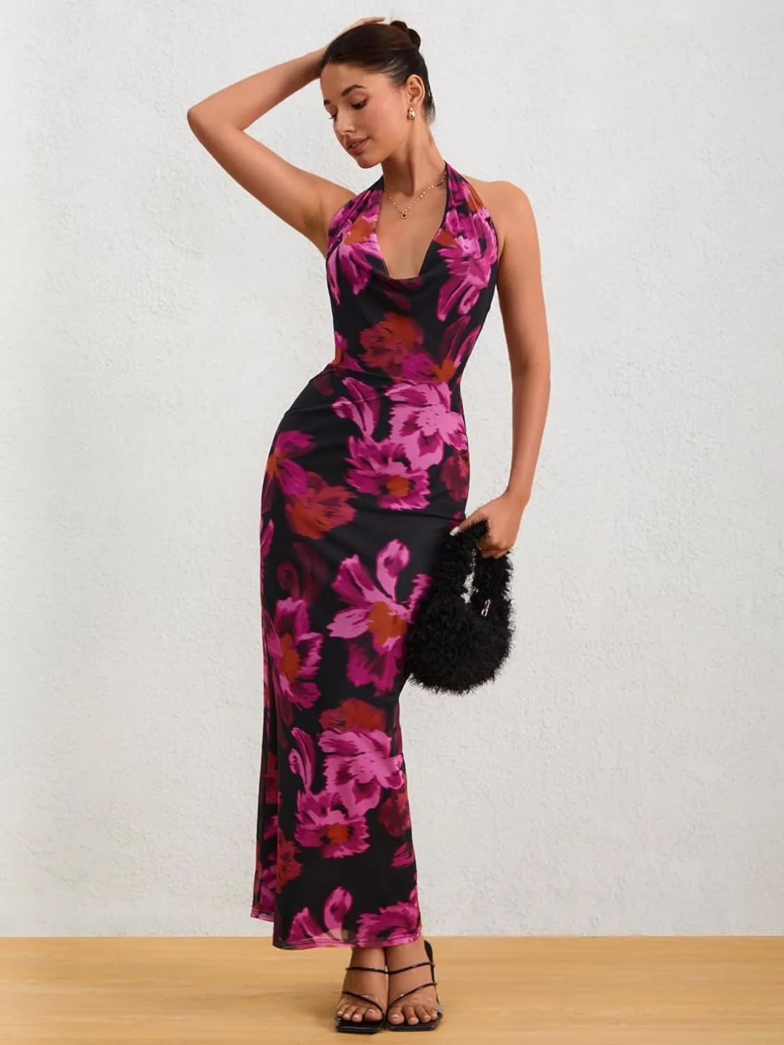 Milumia Women's Mesh Floral Open Back Deep V Neck Halter Maxi Long Dress