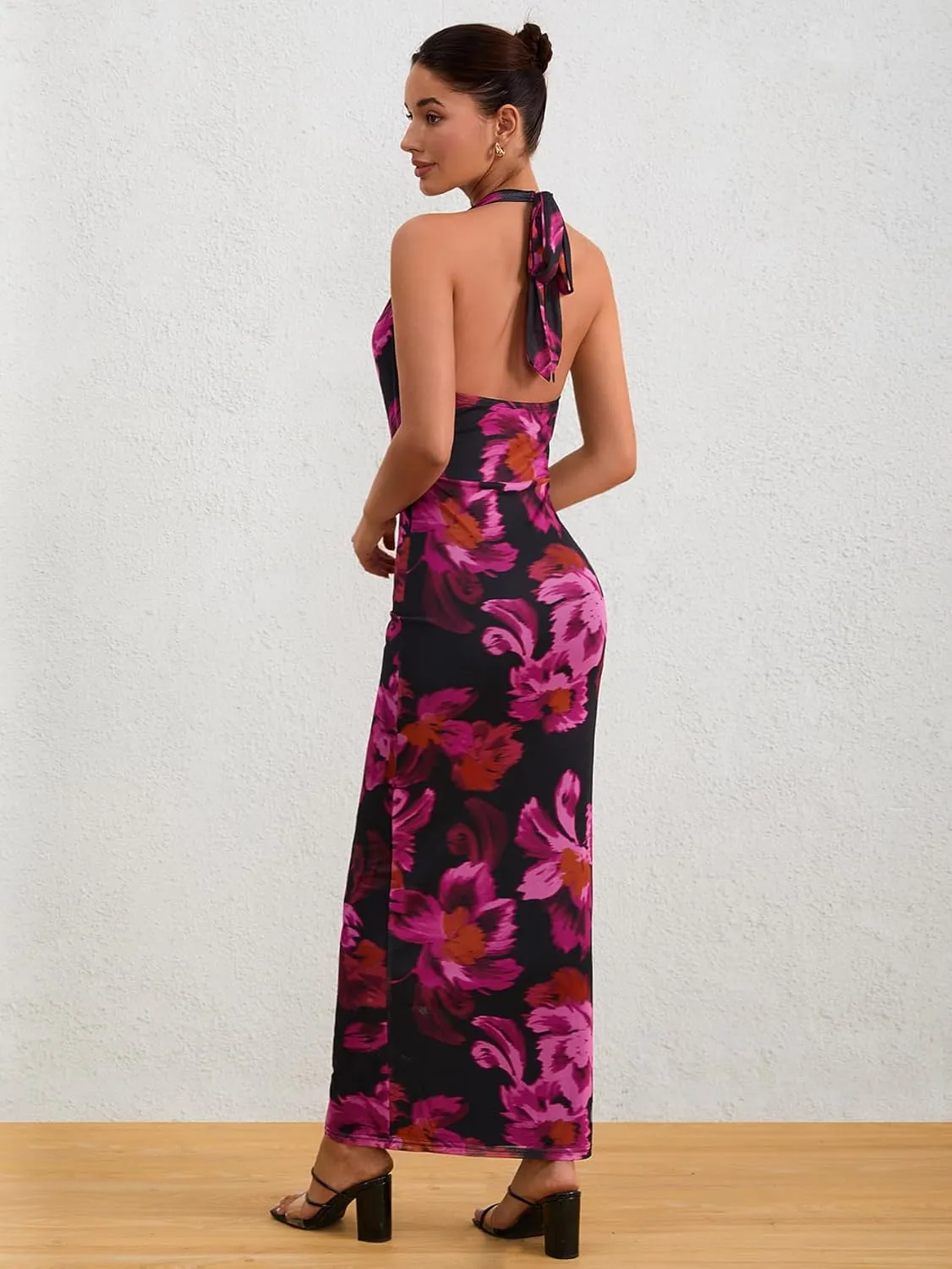 Milumia Women's Mesh Floral Open Back Deep V Neck Halter Maxi Long Dress