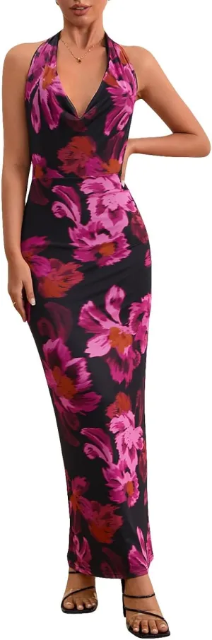 Milumia Women's Mesh Floral Open Back Deep V Neck Halter Maxi Long Dress