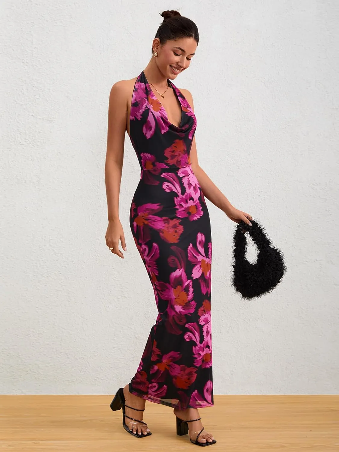 Milumia Women's Mesh Floral Open Back Deep V Neck Halter Maxi Long Dress