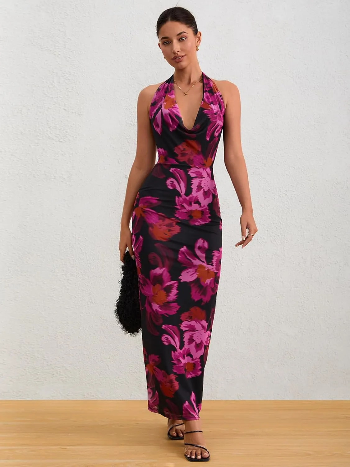 Milumia Women's Mesh Floral Open Back Deep V Neck Halter Maxi Long Dress