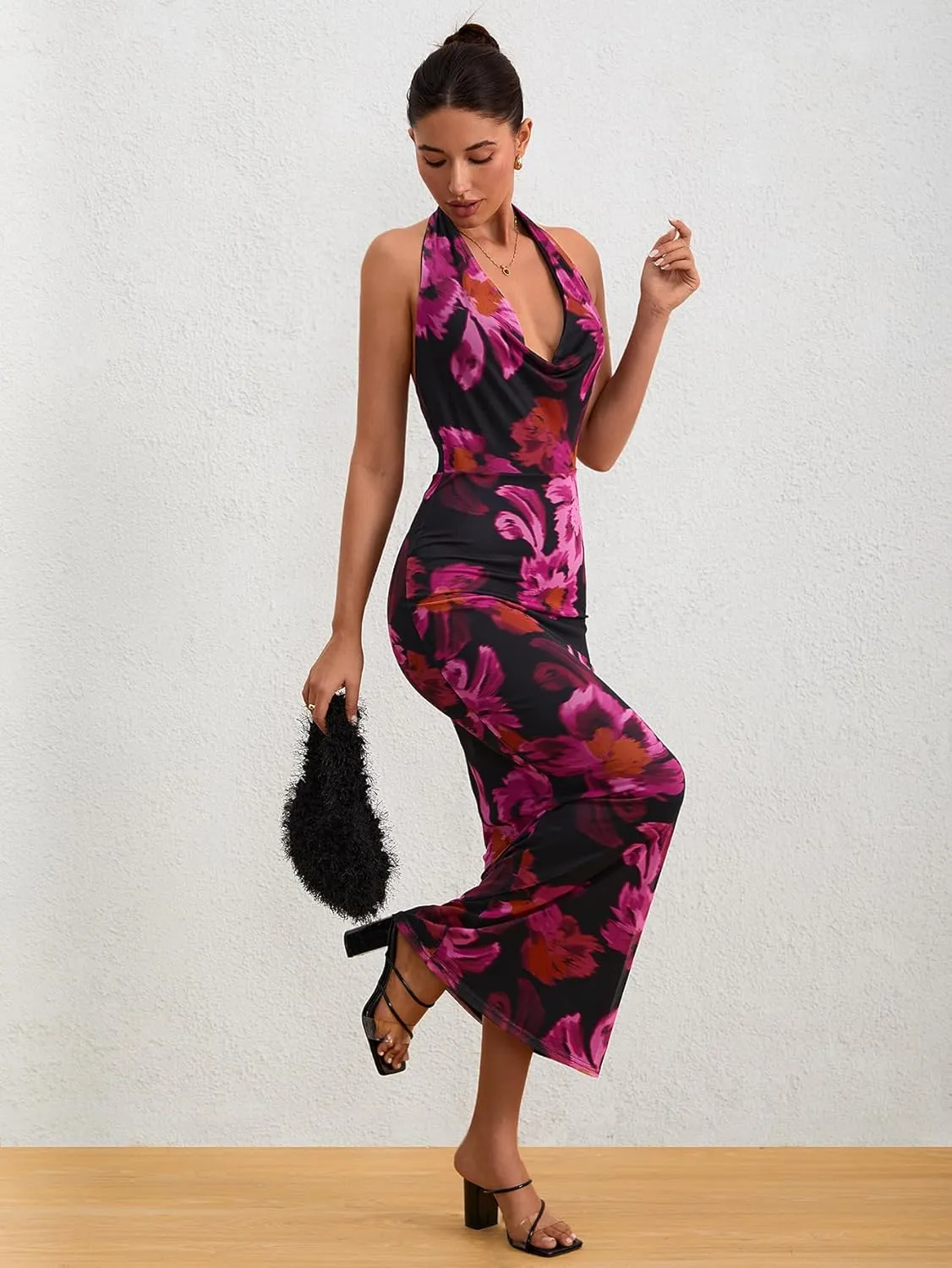 Milumia Women's Mesh Floral Open Back Deep V Neck Halter Maxi Long Dress