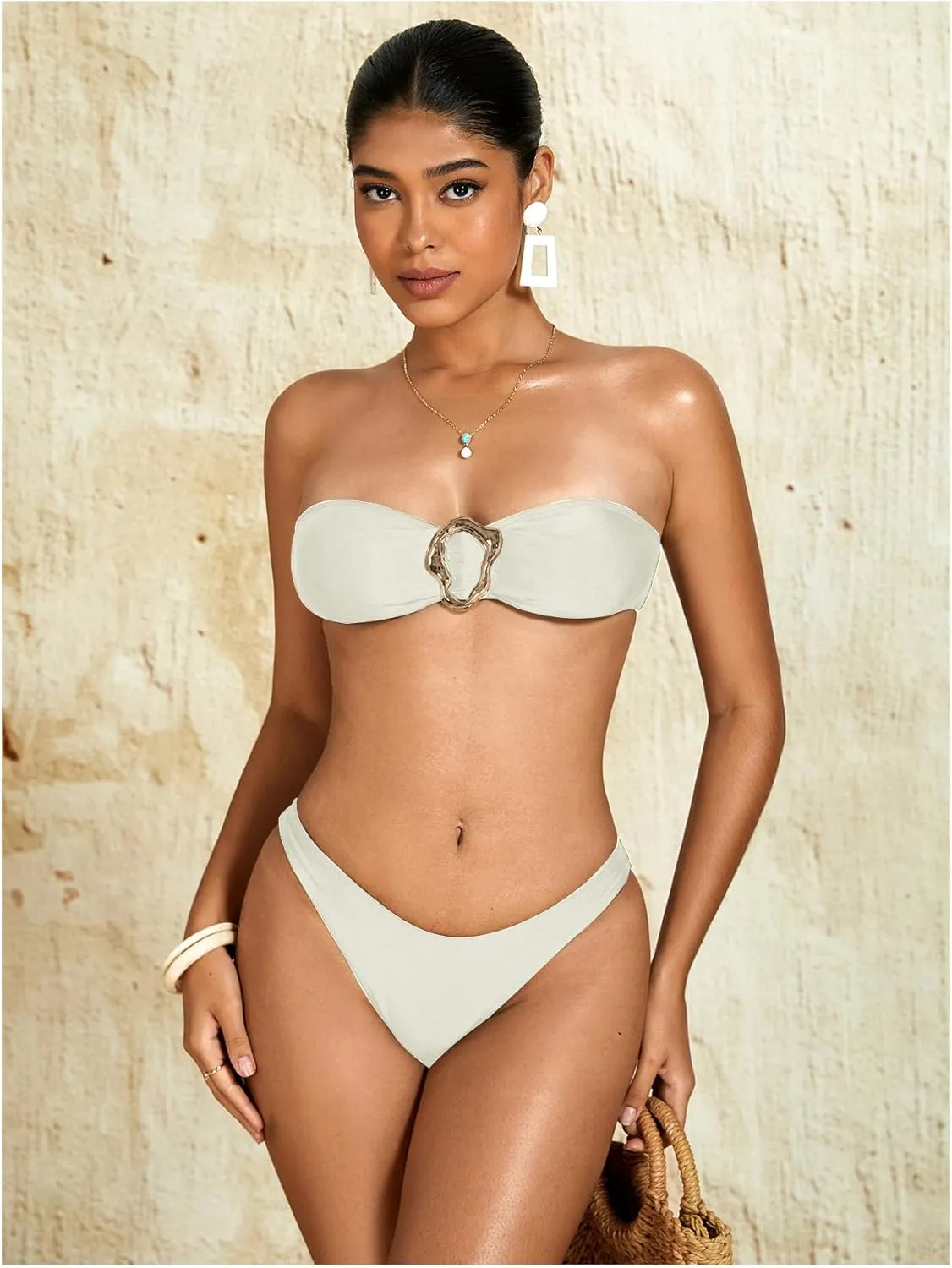 Milumia Women's Metal Ring Strapless Bikini Set High Cut Two Piece Bandeau Swimsuit Bathing Suit