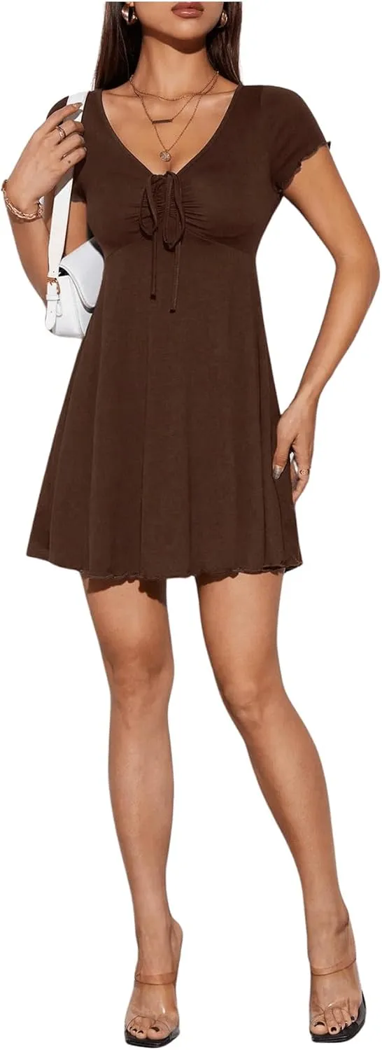 Milumia Women's Petite Knot Front V Neck Short Sleeve Flare Dress Ruched A Line Mini Dresses