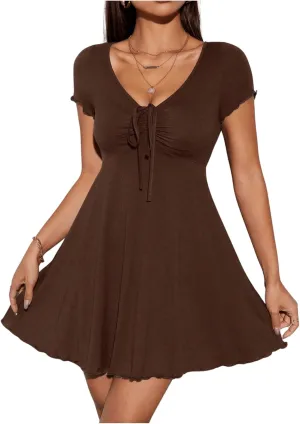 Milumia Women's Petite Knot Front V Neck Short Sleeve Flare Dress Ruched A Line Mini Dresses