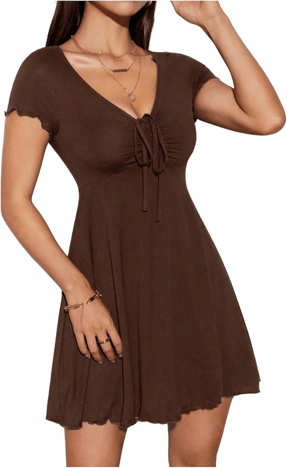 Milumia Women's Petite Knot Front V Neck Short Sleeve Flare Dress Ruched A Line Mini Dresses
