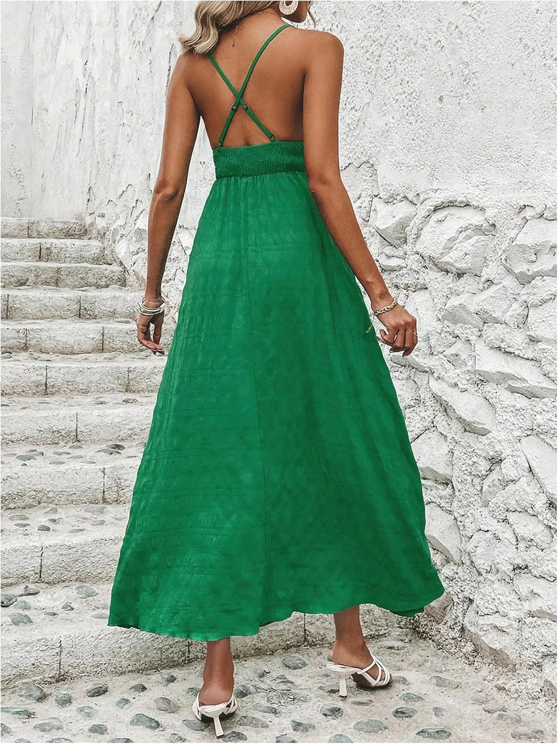 Milumia Women's Summer Smocked Cami Maxi Dress Boho V Neck Spaghetti Strap A Line Flowy Beach Long Sundress