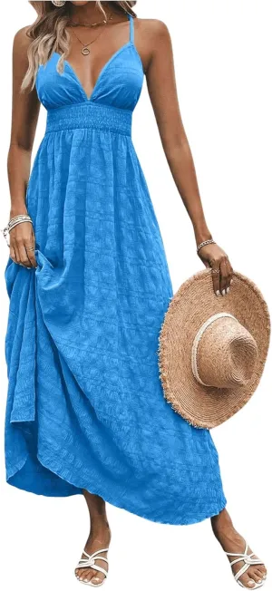 Milumia Women's Summer Smocked Cami Maxi Dress Boho V Neck Spaghetti Strap A Line Flowy Beach Long Sundress
