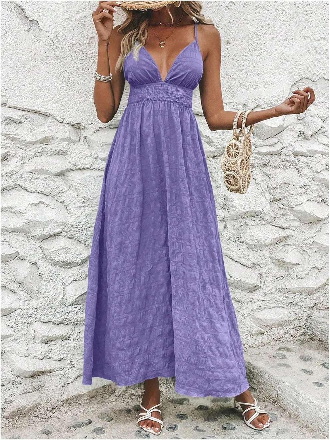 Milumia Women's Summer Smocked Cami Maxi Dress Boho V Neck Spaghetti Strap A Line Flowy Beach Long Sundress