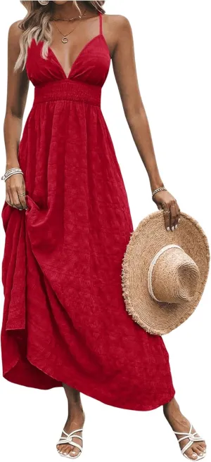 Milumia Women's Summer Smocked Cami Maxi Dress Boho V Neck Spaghetti Strap A Line Flowy Beach Long Sundress