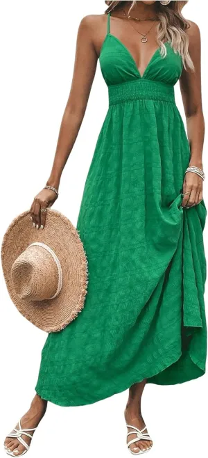 Milumia Women's Summer Smocked Cami Maxi Dress Boho V Neck Spaghetti Strap A Line Flowy Beach Long Sundress