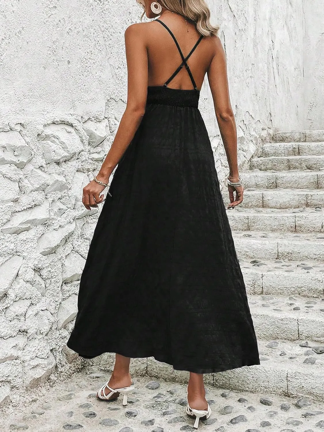 Milumia Women's Summer Smocked Cami Maxi Dress Boho V Neck Spaghetti Strap A Line Flowy Beach Long Sundress